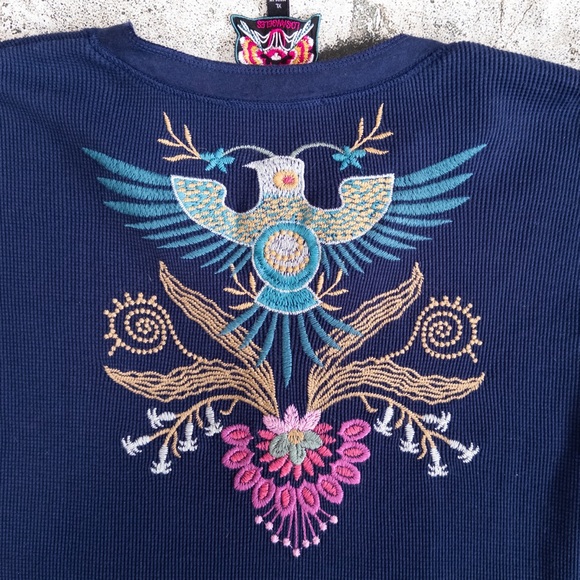 Johnny Was Sisa Navy Floral Embroidered Thermal Waffle Knit Henley Top, XL - Picture 7 of 9